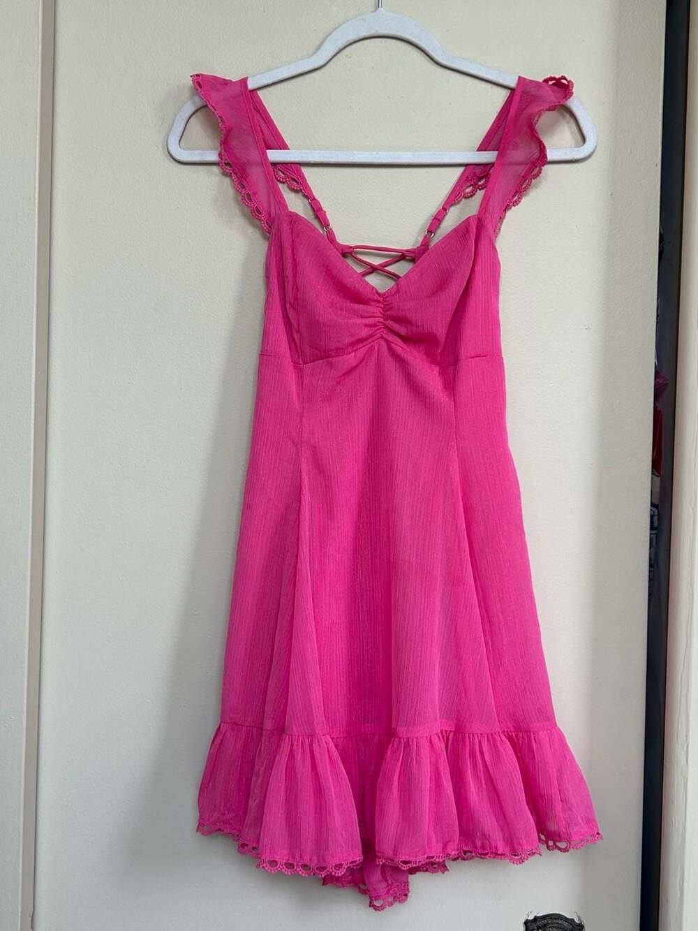 Lucy in the Sky Hot Pink Ruffle Mini Dress with Lace-Up Back